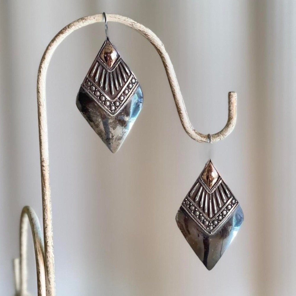 Large Bali Silver Earrings Vintage Balinese‎ Sunburst Tribal Drop Geometric Boho